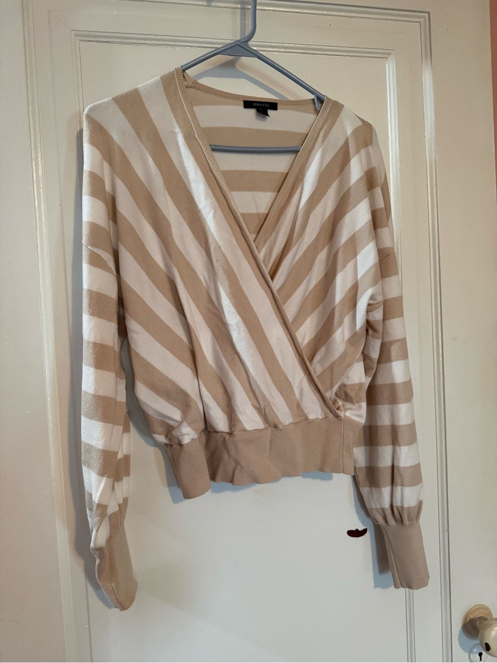 RW&CO. Beige and White Striped V-Neck Wrap Sweater